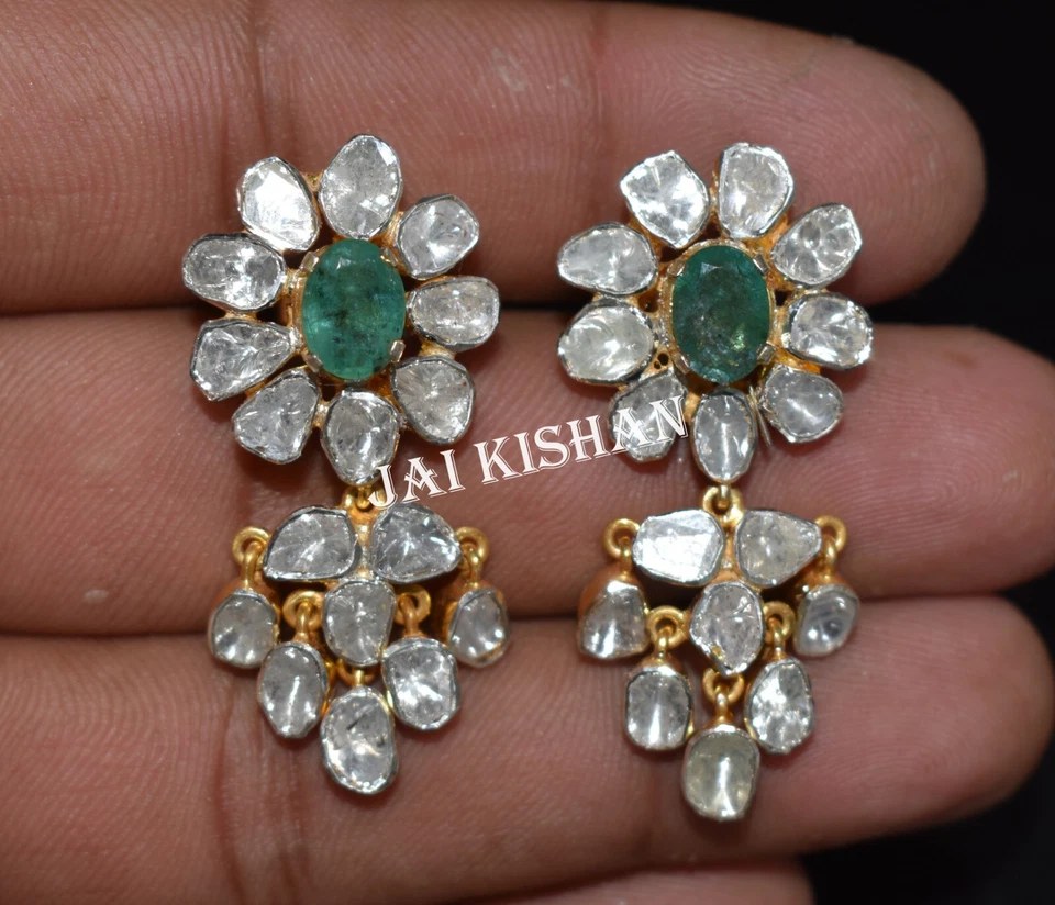 Unschliffene Polki-Diamant-Ohrringe Aus 925 Sterling Silber Mit Smaragd Schmuck - Bild 3 von 4