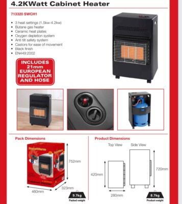 4.2kW Space Gas Cabinet Heater 3 Heat Setting Black Portable Butane Calor  Winter | eBay