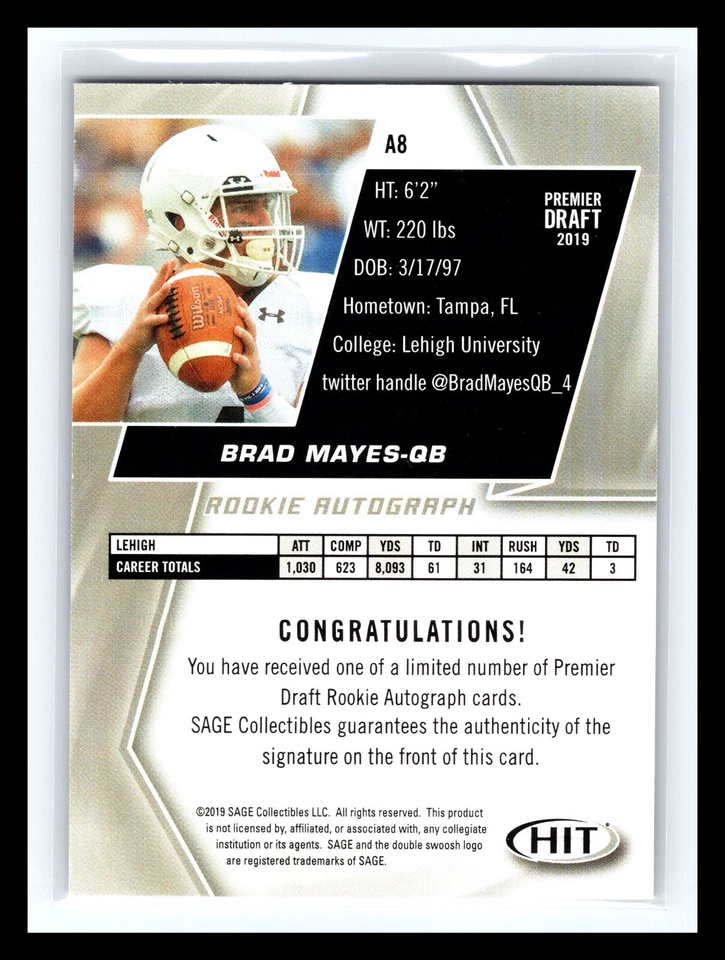 🏈 BRAD MAYES 2019 SAGE HIT PREMIER DRAFT SIGNATURES AUTO RC # A8 - Image 2 of 2