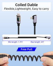 Coiled USB C to USB C Cable with LED Display, 90 Degree PD 100W Fast Charging...