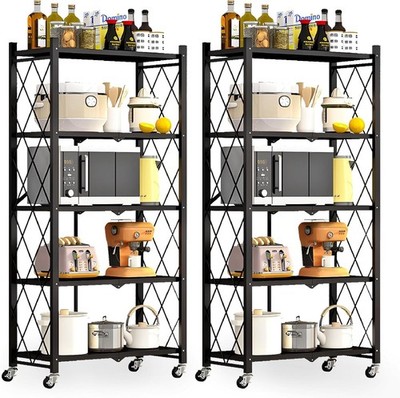 2 PACK 5 Tier Foldable Shelving Unit with Wheels, No Assembly Metal Storage Rack