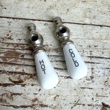 Vintage Porcelain Hot Cold Faucet Lever Handles Pair Antique Bathroom Hardware