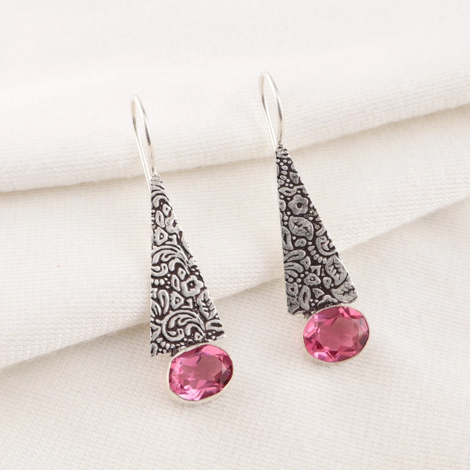 Ювелирные серьги ручной работы из стерлингового серебра 925 пробы с розовым турмалином 1,90 дюйма - Изображение 3 из 4