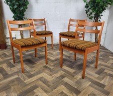 Set Of 4 Vintage Mid-Century Schreiber Dining Chairs Beech & Brown Orange Tweed