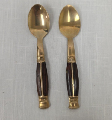 Vintage Thailand Brass & Wood Souvenir Teaspoons Set of 2 Thai Flatware