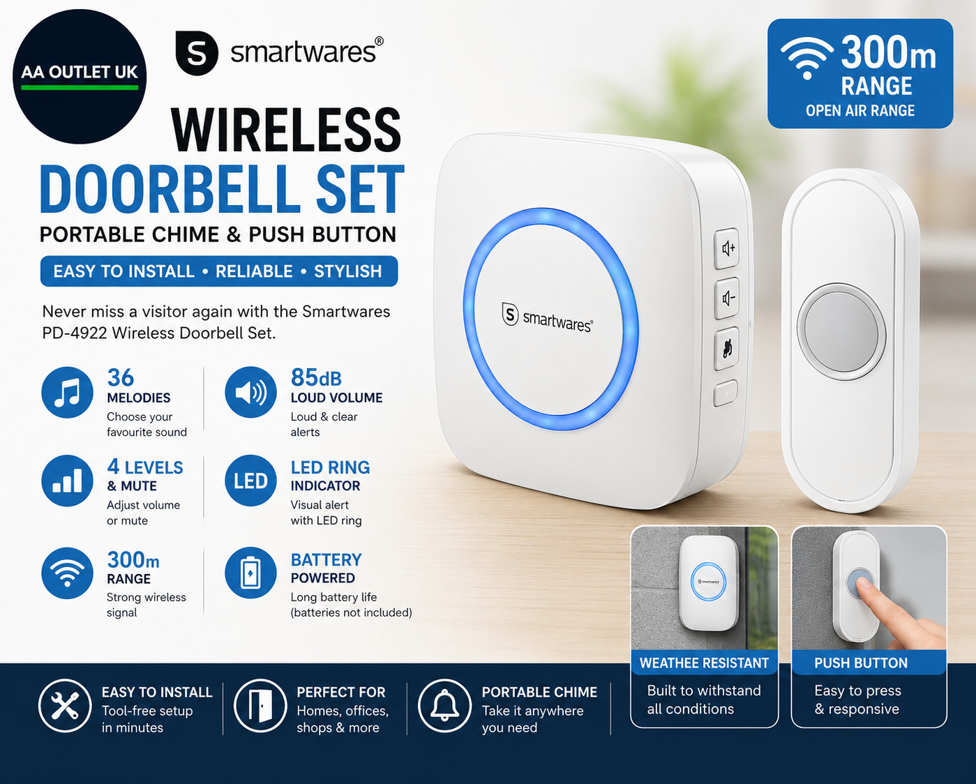 Smartwares PD 4922 Wireless Doorbell 300m 36 Melodies LED Chime White