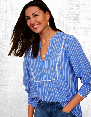 Damen WYSE 3/4-Arm Baumwolle V-Ausschnitt Alia Streifen Top blau gestreift UVP 165 £