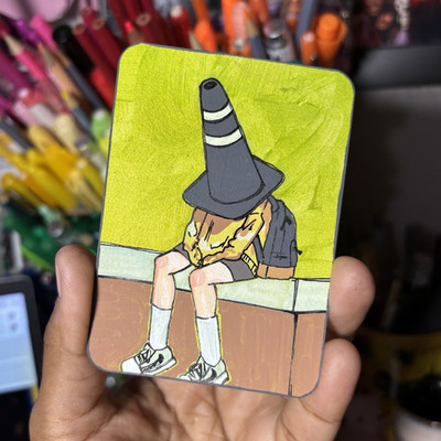 ACEO Original  Cone Head  Acrylic Gel Pen drawing traffic cone Jelliekellieart 