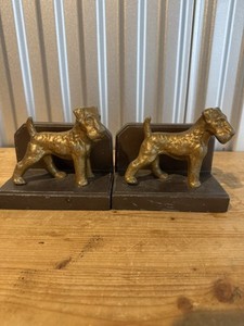 Pompeian Bronze Co. Gilt Clad Airedale Terrier Bookends Antique 1920s Art Deco