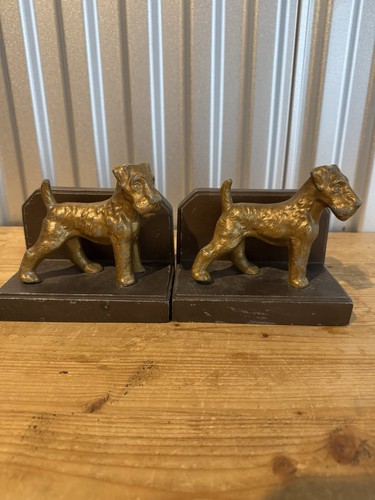 Pompeian Bronze Co. Gilt Clad Airedale Terrier Bookends Antique 1920s Art Deco