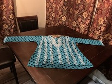 Polyester Chiffon Sequined Blue Indian Kurta Kurti Top, 46 Bust, 28 Long, New