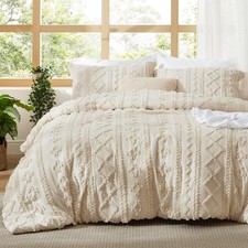 Tufted Boho Comforter Set King Size Beige Boho Bed Set GentleSoft 3 Pieces