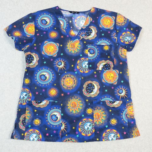 Just Love Celestial Sun Moon Star Print V-Neck Scrub Top L Gold Blue Colorful
