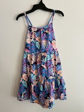Cat Jack Kid Girl Colorful Floral Cotton Blend Cross Strap Tiered Dress Multi L