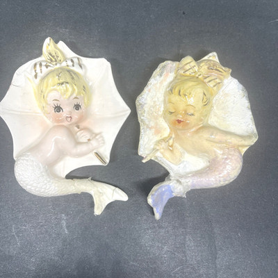 Vintage Enesco Mermaids with Umbrella Wall Decoration AS IS READ Set 2
