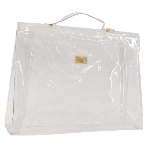 HERMES Vinyl Kelly Hand Bag Vinyl Clear Gold Auth ar13937
