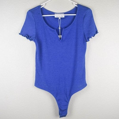 Wildfox Womens L Madison Blue Vneck Ribbed Bodysuit Short Sleeve Lettuce Trim