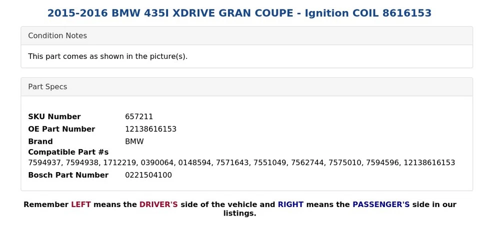 2015-2016 BMW 435I XDRIVE GRAN COUPE - Ignition COIL 8616153 - Image 4 of 4