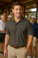 Tommy Bahama Polo Shirt Medium Coal Stripe Logo Cotton Blend Short Sleeve NEW