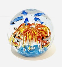 Murano Style Hand Blown Glass Paperweight Dolphin's Fish Anenome Aquarium Ocean