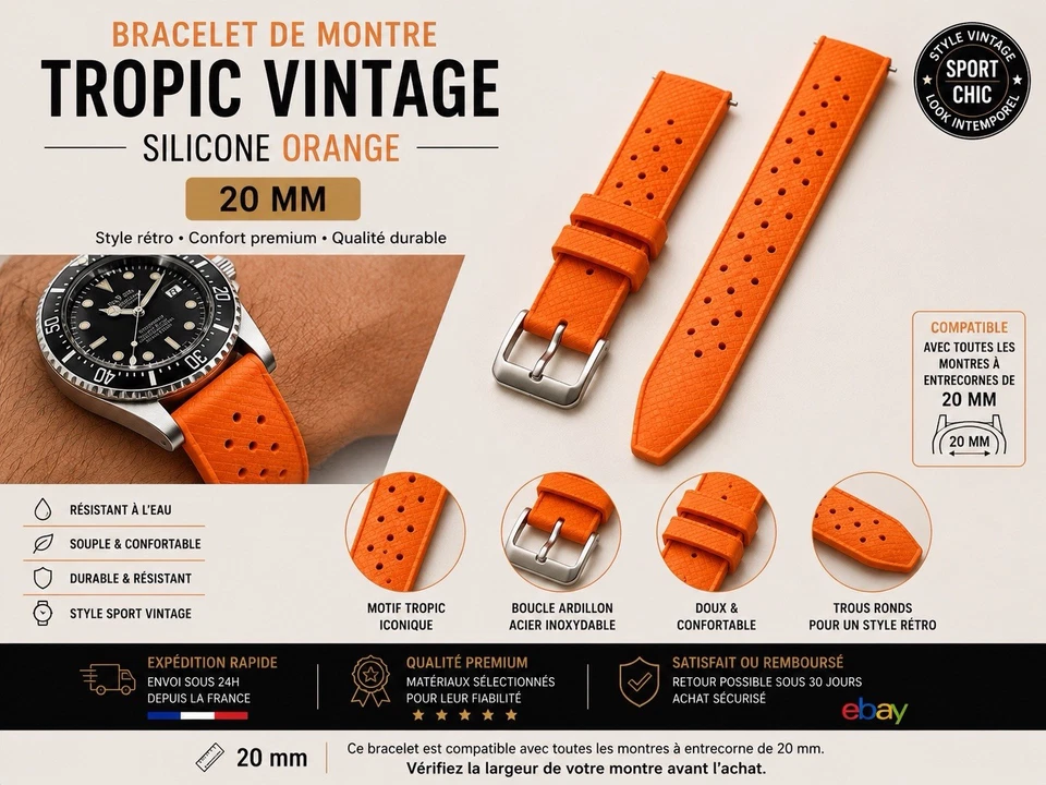 Bracelet de montre silicone Orange style tropic vintage dégagement rapide 20 MM - Photo 1/1