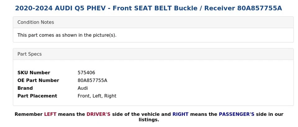 2020 - 2024 奥迪 Q5 PHEV - 前座皮带扣/接收器 80A857755A — 第 4/4 张图片