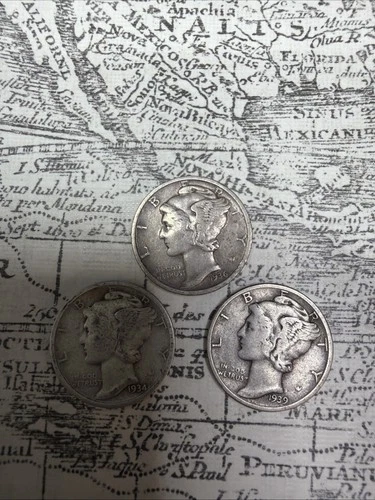 Lot of 3 Mercury Dimes 1936, 1935, 1939 - F-VF EXACT coins pictured -MD3