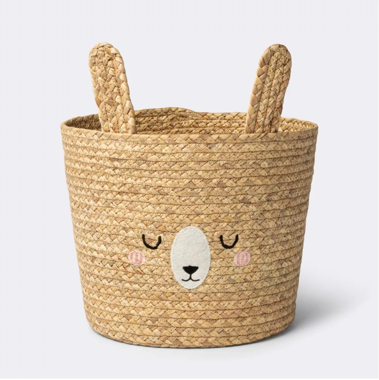 Braided Water Hyacinth Round Storage Basket with Rabbit Design - Medium Size  