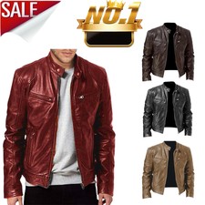 Mens PU Leather Jacket Motorcycle Biker Coat Stand Collar Zip Up Outwear  