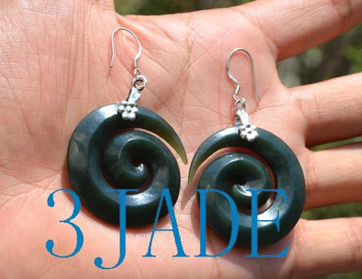 Natural Nephrite Jade Hand Carved Koru Harmony Earrings Jewelry NZ Maori Style 