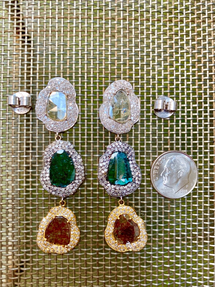 18K GOLD DIAMOND SLICED COLORED DIAMOND EARRINGS 9.89 CARATS  *NEW* - Image 2 of 3