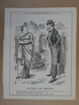 ganzseitige Locher Cartoon 1898 Lehre und Praxis Onkel Sam / Monroe