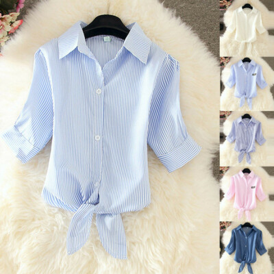 Women Short Sleeve Casual Plain Shirt Tops Turn Down Collar Blouse Plus Size Tee