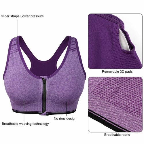 Women Zipper Stretch Sports Bra Running Gym Yoga Padded Fitness Workout Top Tank - Bild 4 von 20