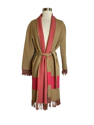 Vilagallo Women s Nikita Coat Size Medium Camel Pink Houndstooth Fringe Hem Cuff