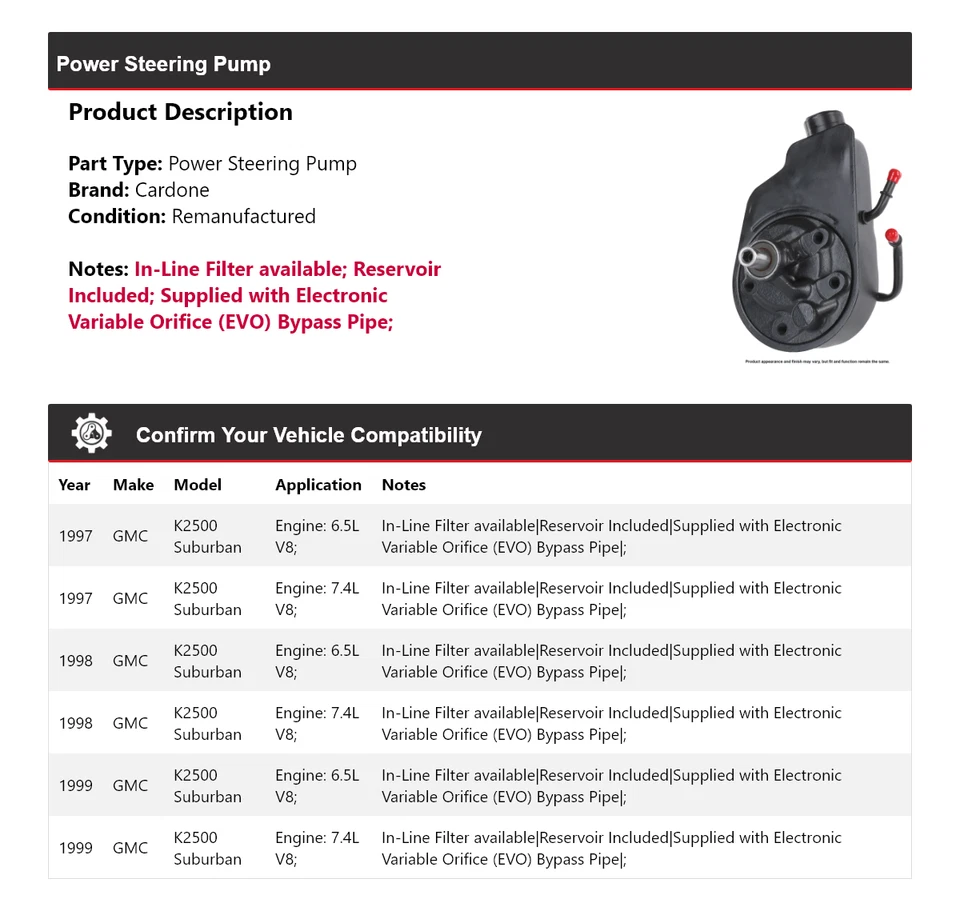 For 1997-1999 GMC K2500 Suburban Power Steering Pump Cardone 1998 - Image 2 of 4