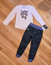 NEW Under Armour Little Girl Long-sleeve Tee Fleece Pant Set, Coral sz 6