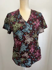 SMALL SB SCRUBS Medical Scrub Top - Brown with Colorful Butterflies Blue Pink