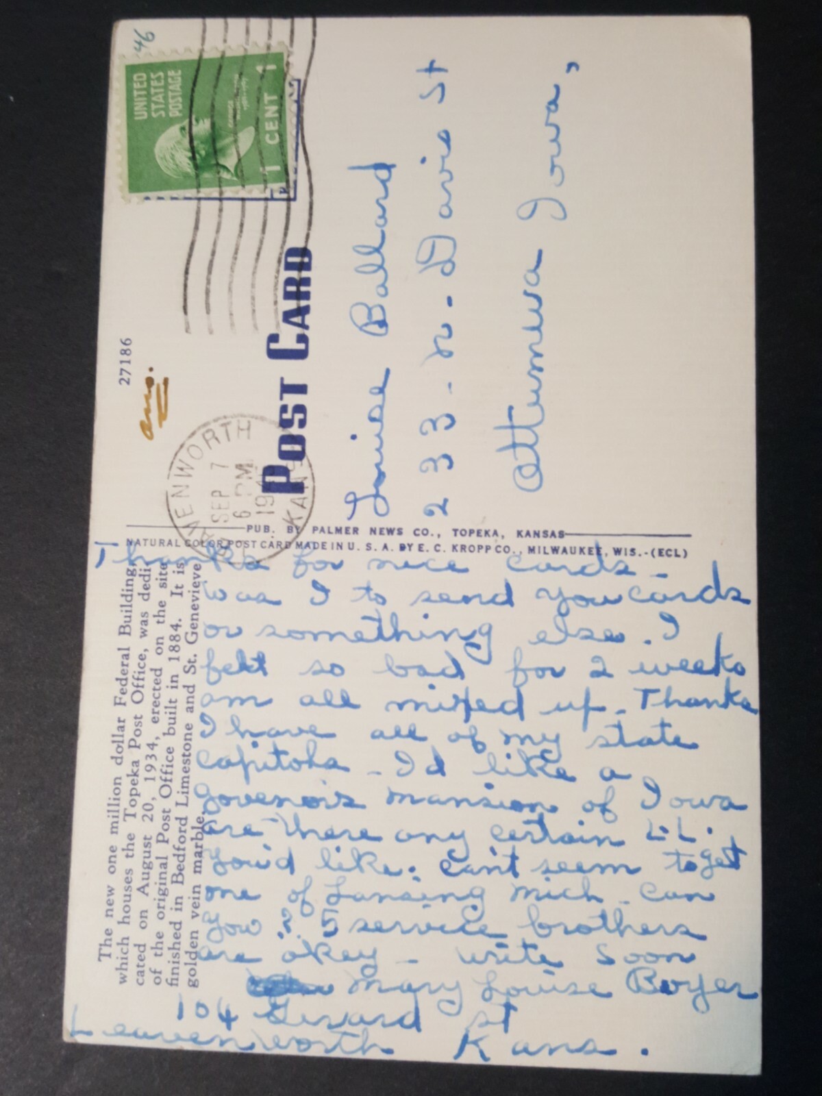 Vintage KANSAS postcard POST OFFICE federal BUILDING courthouse Topeka