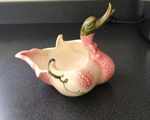Vintage Hull Pottery Swan Planter Vase Pink and Green Smiling 10 1/2" x 8 1/2"