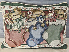 Vintage Christmas Tapestry Pillow 3 Teddy Bears in Stockings 16" x 11.5"