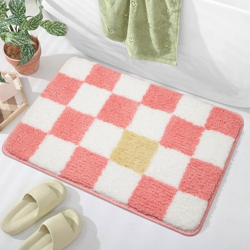 Bathroom Rugs Pink Checkered Bath Mat Extra Soft and Absorbent Microfiber Non...