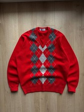 Burberrys Vintage Red Argyle V Neck Sweater Pure Lambswool Men  s Size L Made in