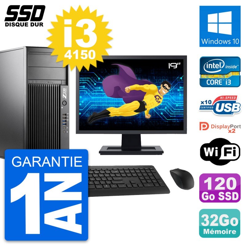 PC Tour HP Z230 Ecran 19" Intel Core i3-4150 RAM 32Go SSD 120Go Windows 10 Wifi