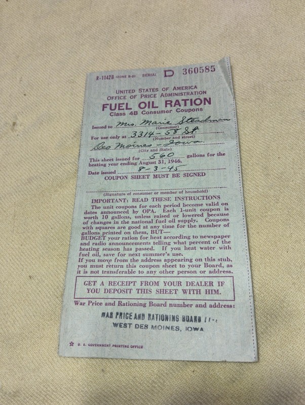 1945 Fuel Oil Ration Coupons Des Moines Iowa 