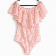 Vintage 1980  s Pink Lace coquette romantic sheer ruffle Bodysuit