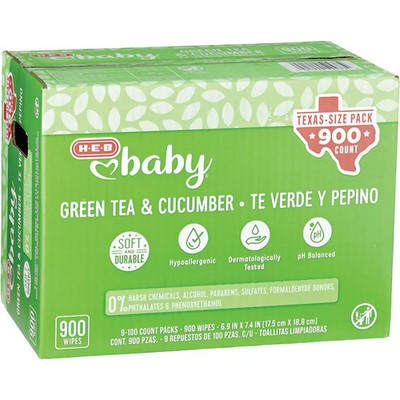 H E B Baby Green Tea & Cucumber Wipes - Texas-Size Pack - Soft Durable 900 Count