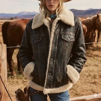 Women's Genuine Sheepskin Shearling Jacket, Distressed Leather Rancher Coat