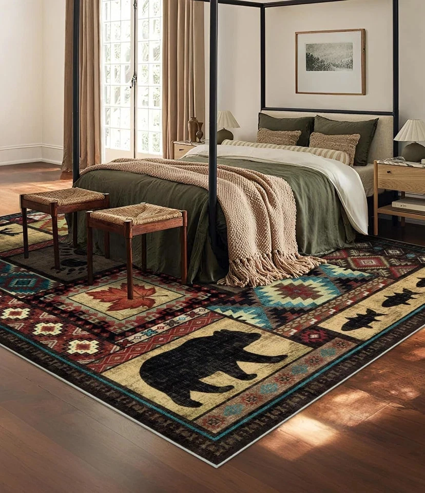 Небольшой ковер деревенской кабины 8X10, машинная стирка домик медведь ковер, нескользящий низкий ворс Pri - Изображение 3 из 4