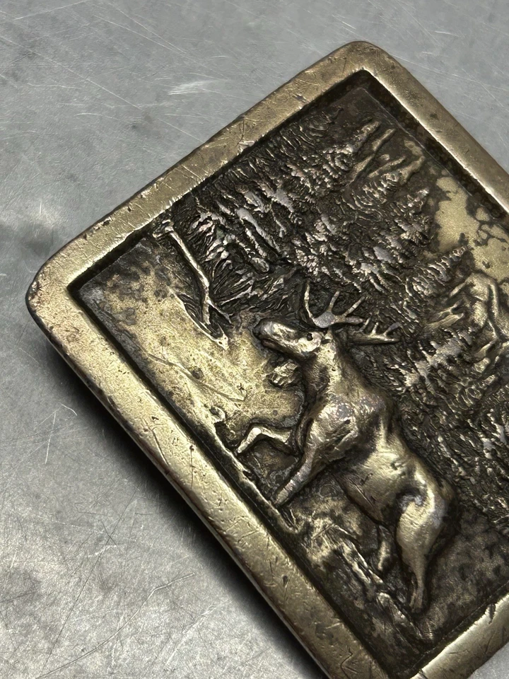 复古 1976 年印第安纳州金属工艺黄铜皮带扣驼鹿森林场景 D97 — 第 2/4 张图片